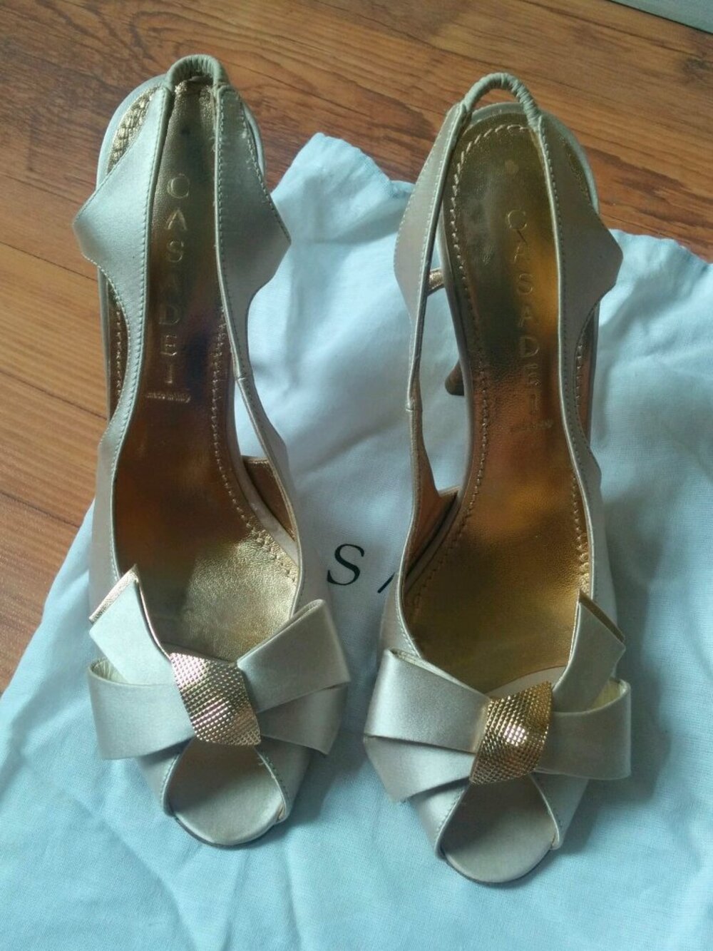 Casadei Leather Satin Peep toe Open Bow Slingback Heels